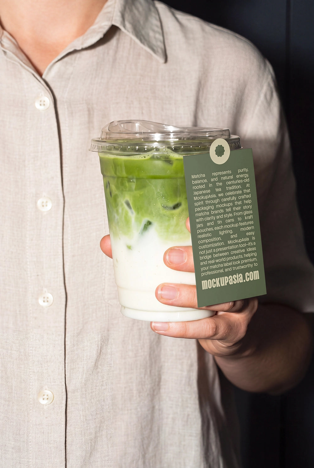 Clear takeaway matcha drink mockup with customizable tag