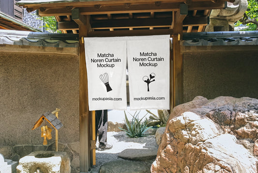 Japanese noren curtain mockup PSD hanging at traditional wooden gate entrance