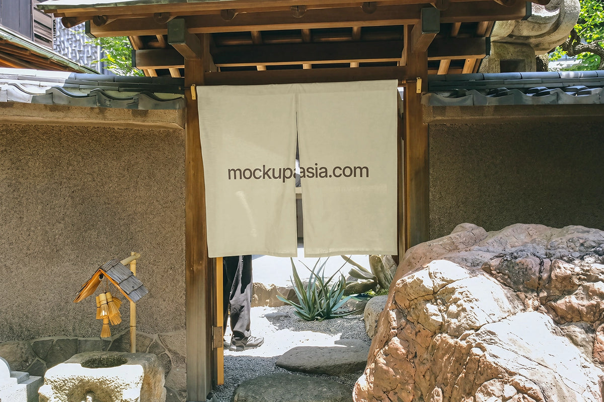 Split door curtain mockup for Japanese matcha shop storefront branding