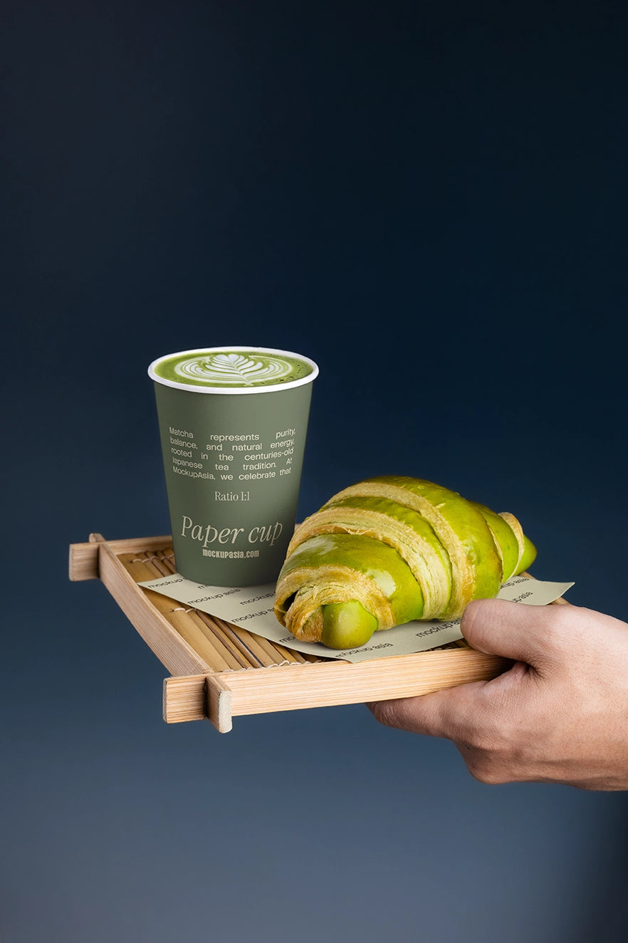 Premium paper cup packaging mockup for matcha cafes and coffee shops with realistic food styling