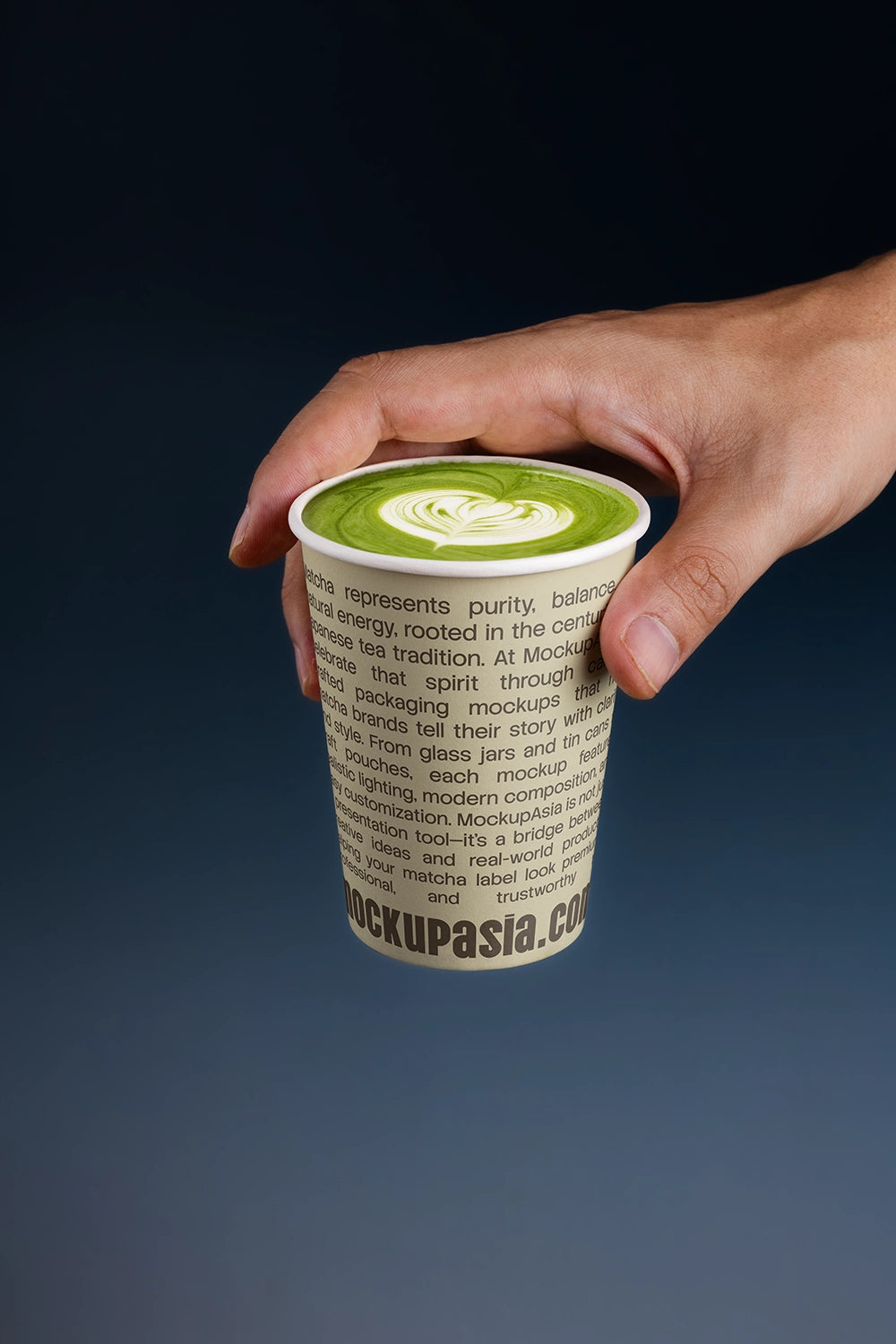 Luxury matcha drink mockup with hand-held paper cup for modern café branding