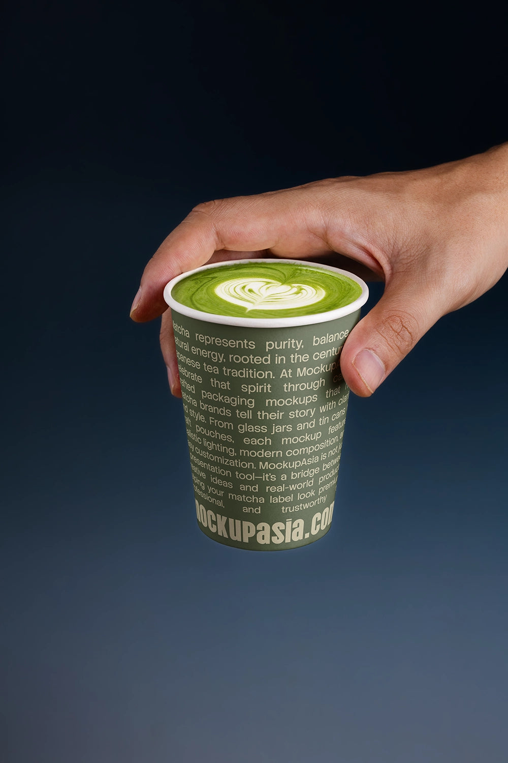 hot matcha latte mockup in takeaway paper cup, realistic hand-held drink scene
