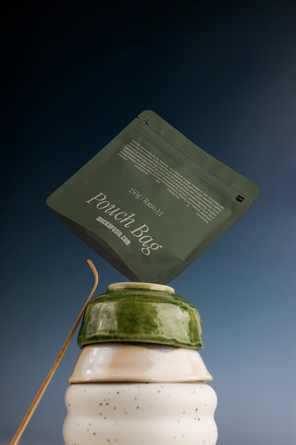 Premium stand up pouch PSD mockup for matcha and tea packaging