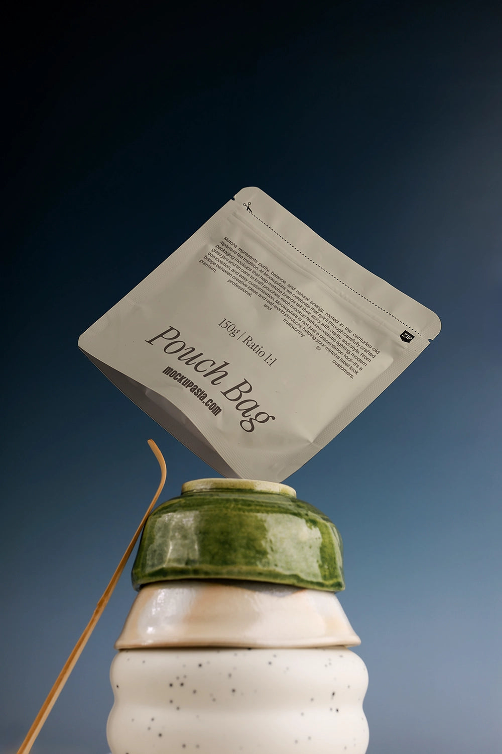 Realistic matcha stand up pouch bag mockup with zipper closure