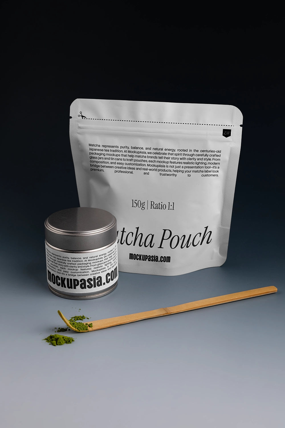 matcha pouch and tin can mockup set with spoon and powder, dark studio packaging presentation