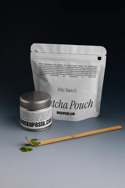 matcha pouch and tin can mockup set with spoon and powder, dark studio packaging presentation