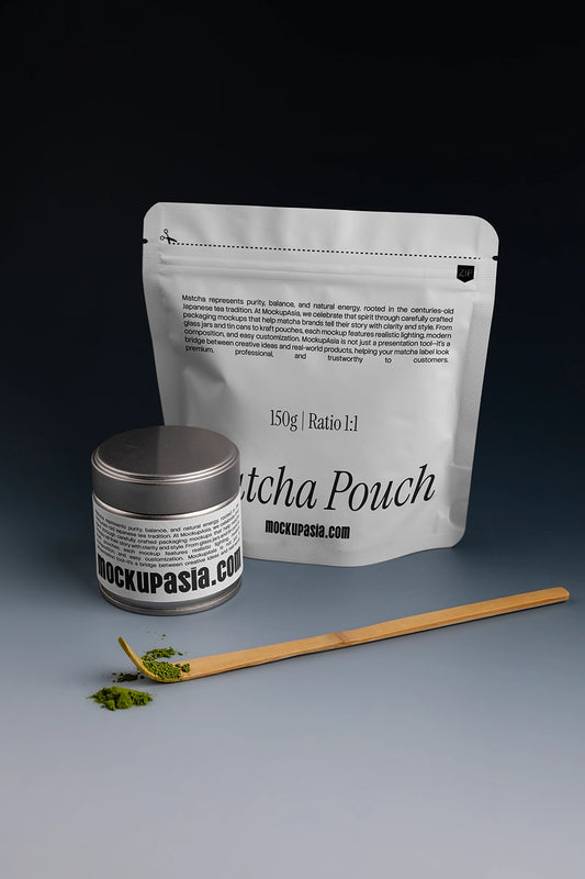 matcha pouch and tin can mockup set with spoon and powder, dark studio packaging presentation