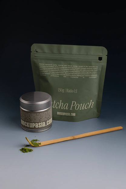 matcha packaging mockup with stand up pouch and metal tin, modern product branding setup