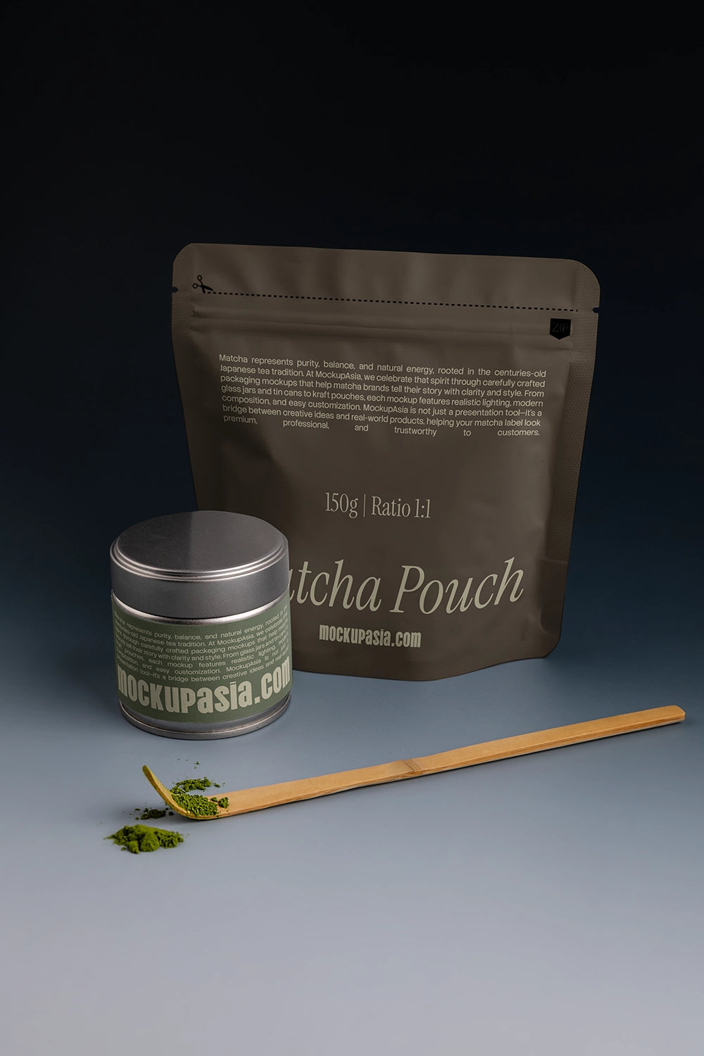 tea packaging mockup set with pouch and tin container, minimal studio composition