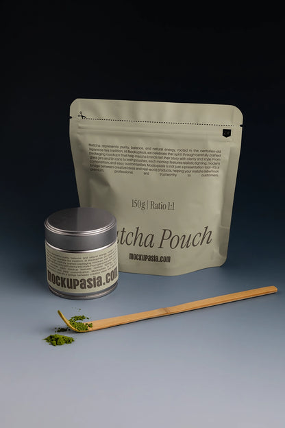 matcha pouch mockup with tin can and bamboo spoon, realistic product packaging scene