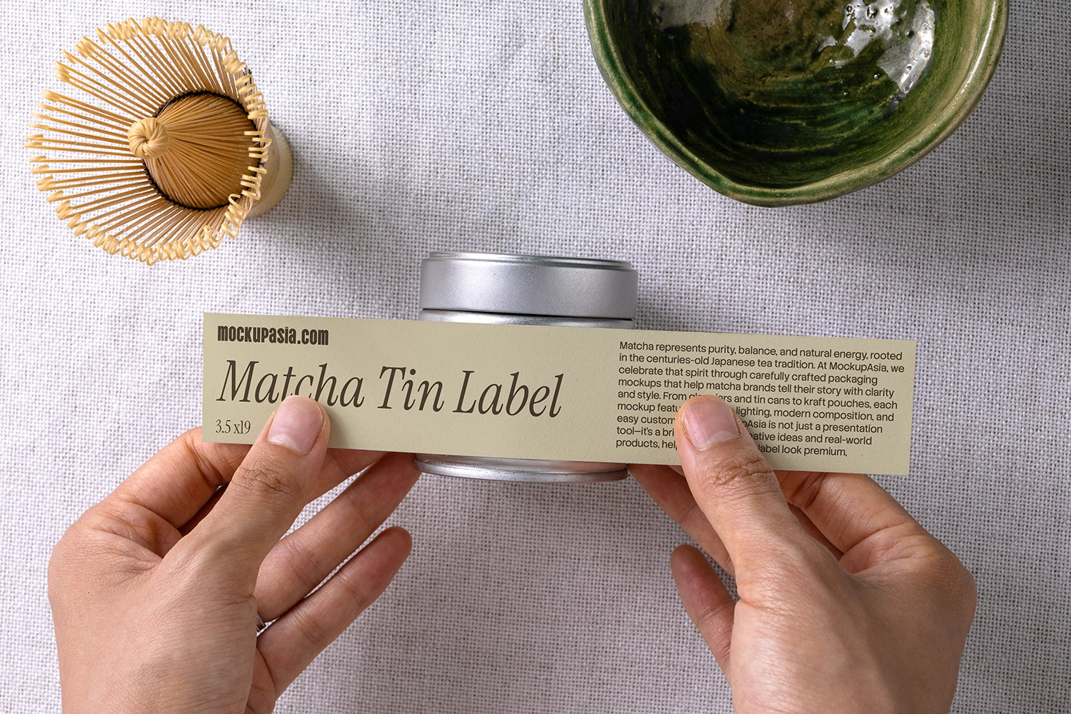 packaging label mockup for tea tin with hands, modern branding and design presentation
