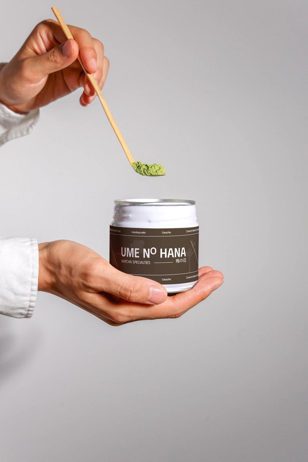 green tea matcha jar mockup with spoon and powder, realistic lifestyle branding setup