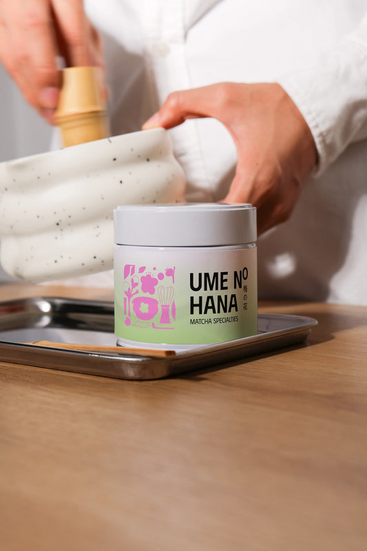 matcha jar mockup on tray with kitchen tools, realistic lifestyle product scene
