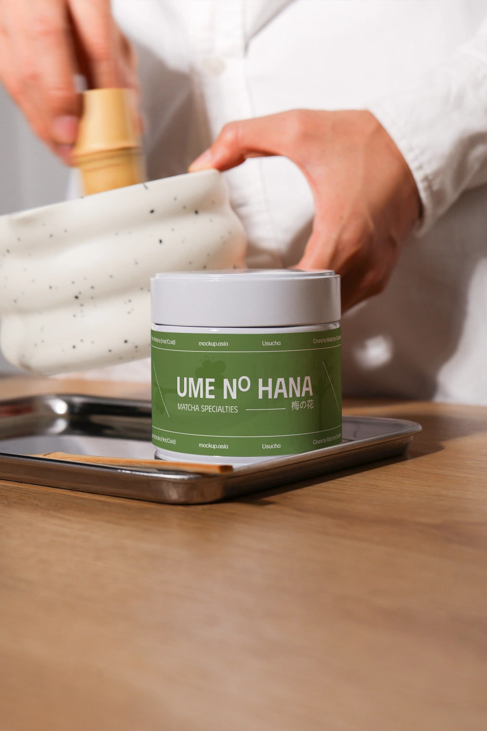 matcha tea packaging jar mockup with kitchen background, natural food preparation setting