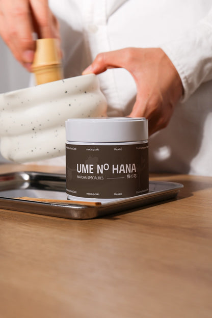 green tea matcha jar mockup on metal tray with mortar, modern lifestyle branding presentation