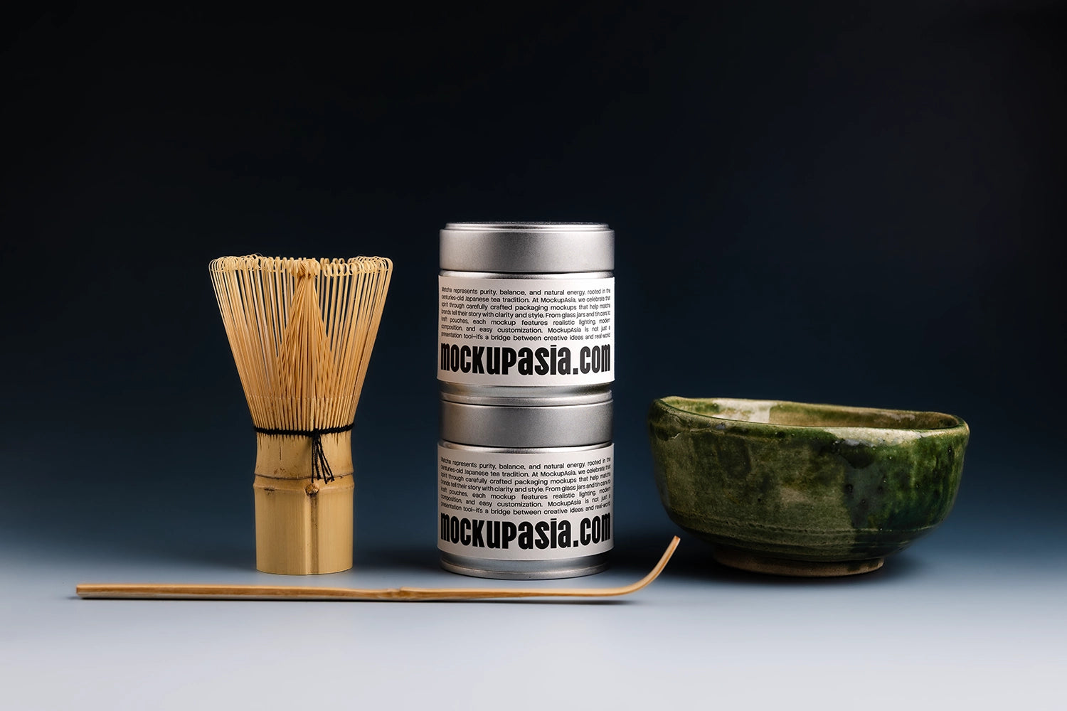 matcha tin can mockup with bamboo whisk and bowl, dark studio packaging presentation