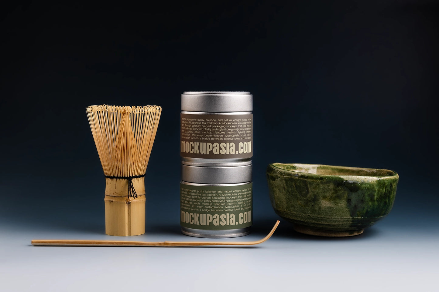 matcha packaging tin mockup set with tea tools, minimal and dramatic lighting scene
