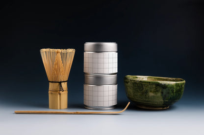 tea tin can mockup with matcha whisk and bowl, modern product branding setup