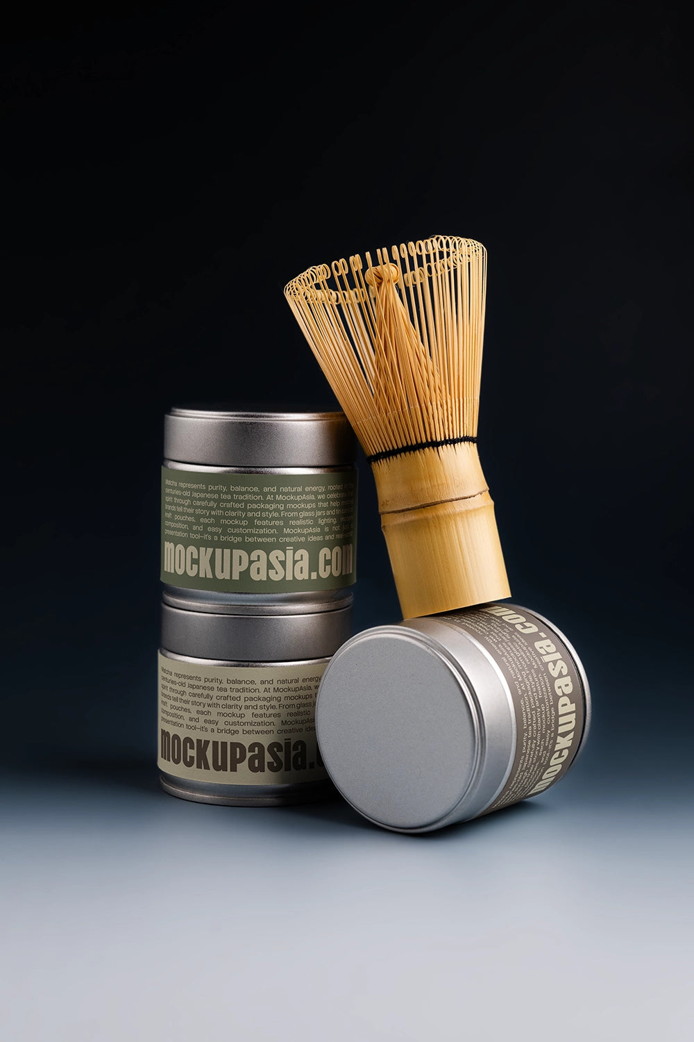 matcha packaging tin mockup set with whisk and minimal composition, dramatic lighting scene