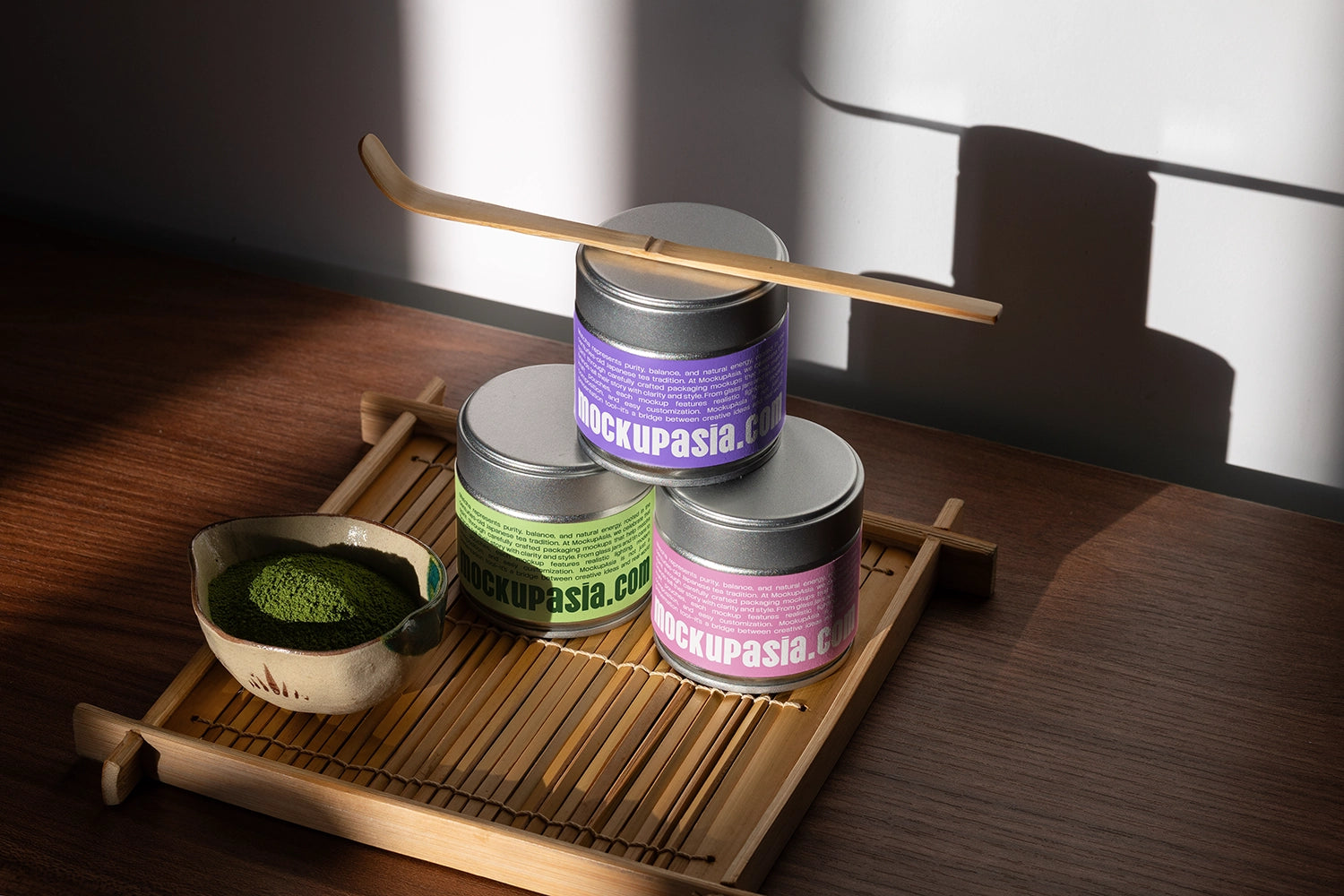 Premium metal tin can packaging mockup for matcha and tea brands with realistic sunlight and shadows