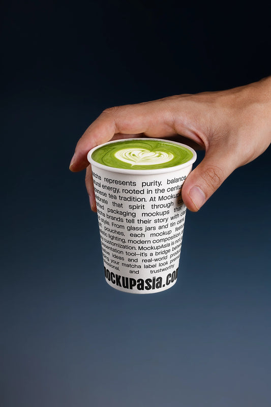 Matcha paper cup mockup MCS11 held in hand with smooth matcha foam in a premium studio scene