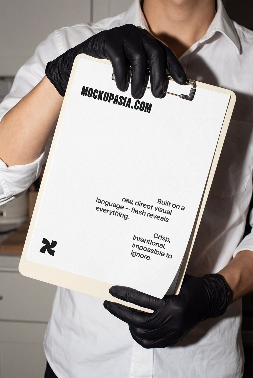 clipboard mockup in hand menu board with high contrast flash lighting