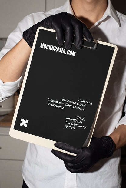 menu clipboard mockup with gloved hands and bold shadows for cafe branding