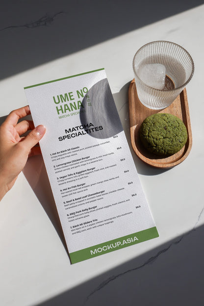 cafe menu mockup with matcha drink and cookie on tray, natural sunlight aesthetic setup