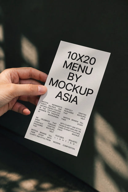 Hand holding 10x20 cm menu mockup with sunlight shadows