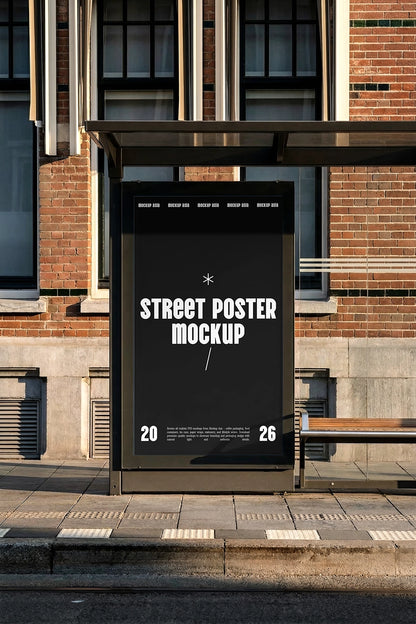 realistic bus shelter advertising poster mockup with urban architecture and bench detail