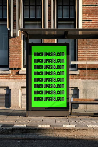 vertical street poster mockup in transit shelter with clean layout and warm daylight