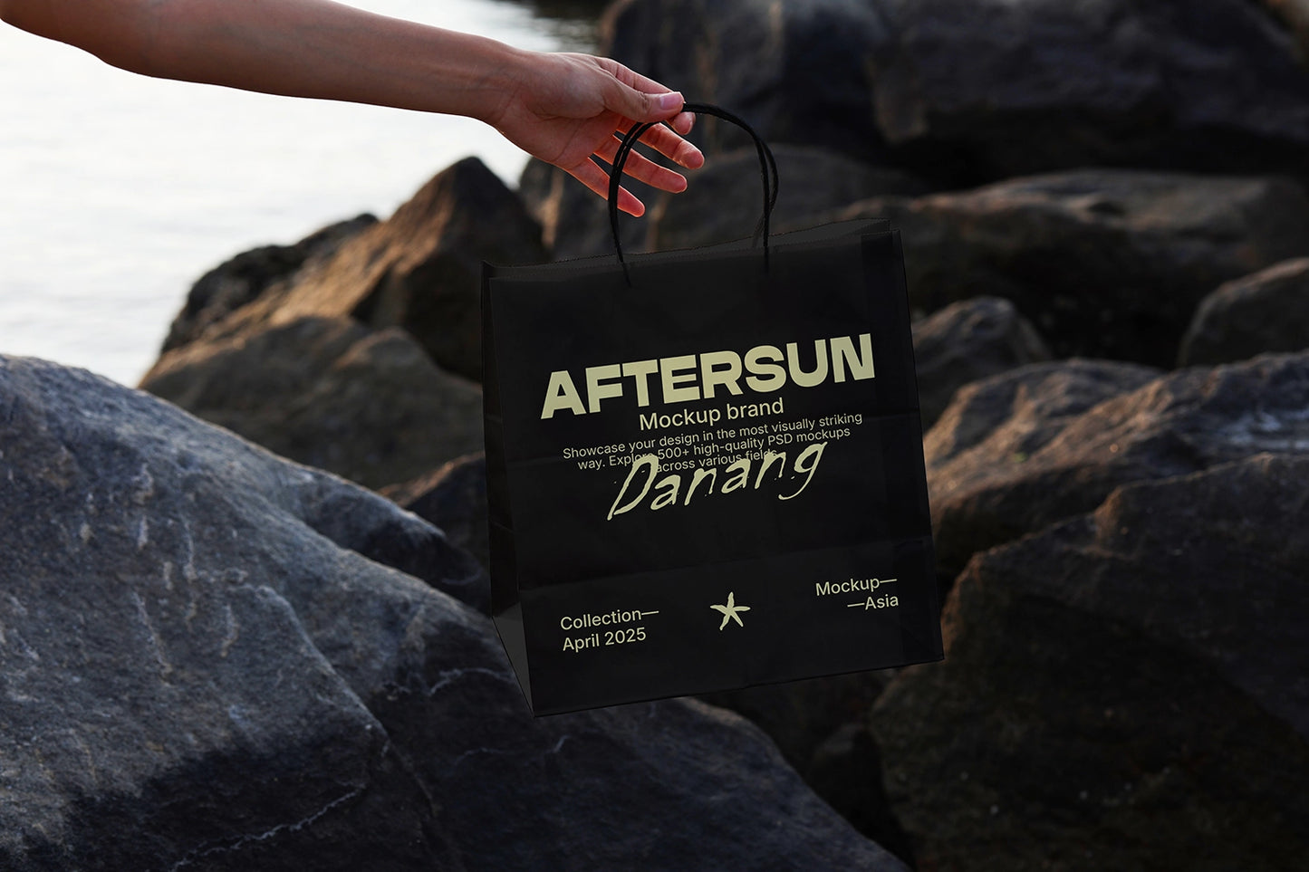 minimal paper bag mockup with rocky surface and natural light packaging presentation
