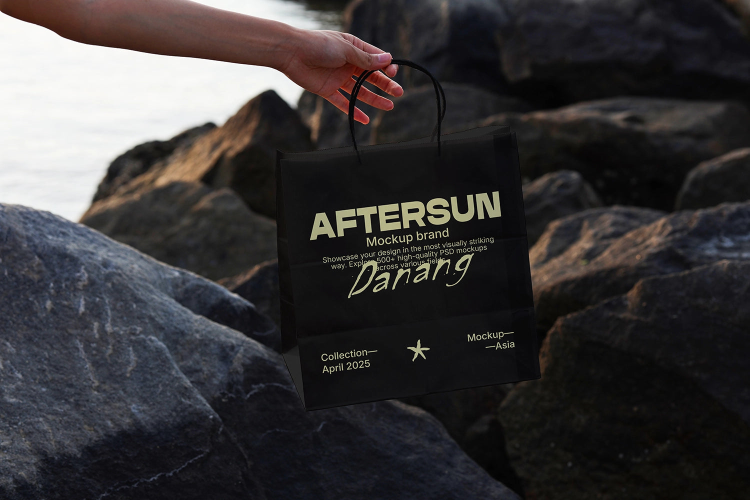 minimal paper bag mockup with rocky surface and natural light packaging presentation