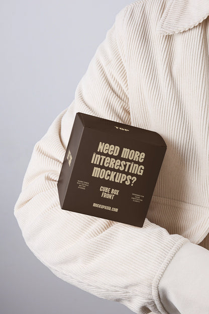 packaging box mockup in hand with natural lighting and modern minimal aesthetic