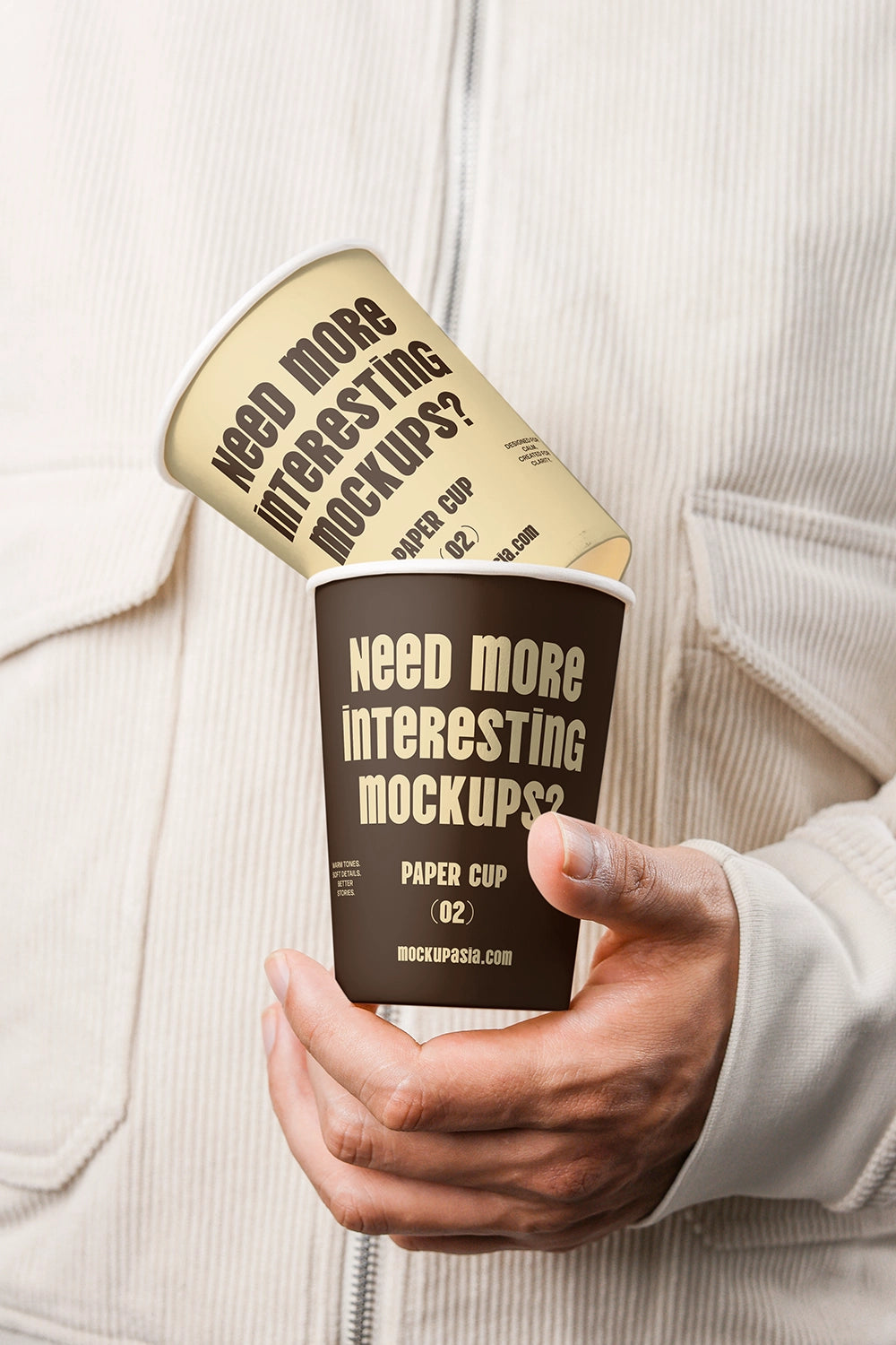 realistic coffee paper cup mockup with human interaction and clean typography layout