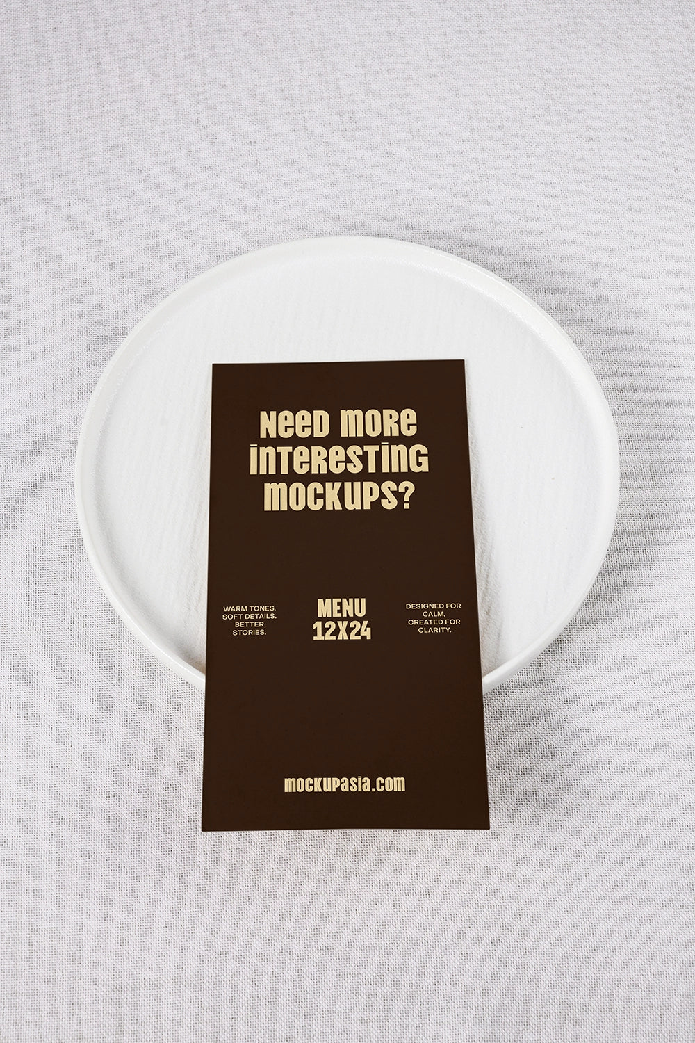 realistic menu mockup with clean typography on plate and neutral fabric background