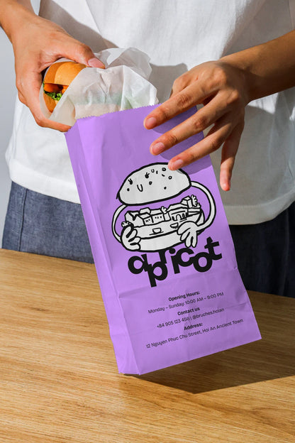 fast food paper bag mockup with burger inside, realistic lifestyle and packaging branding