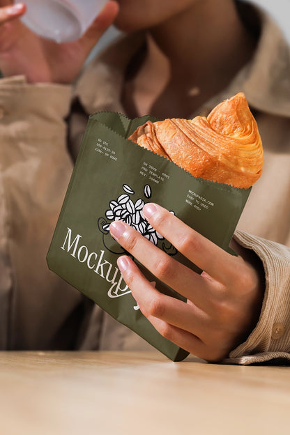 Person holding a croissant wrapped in a green Mockup paper with a blurred background