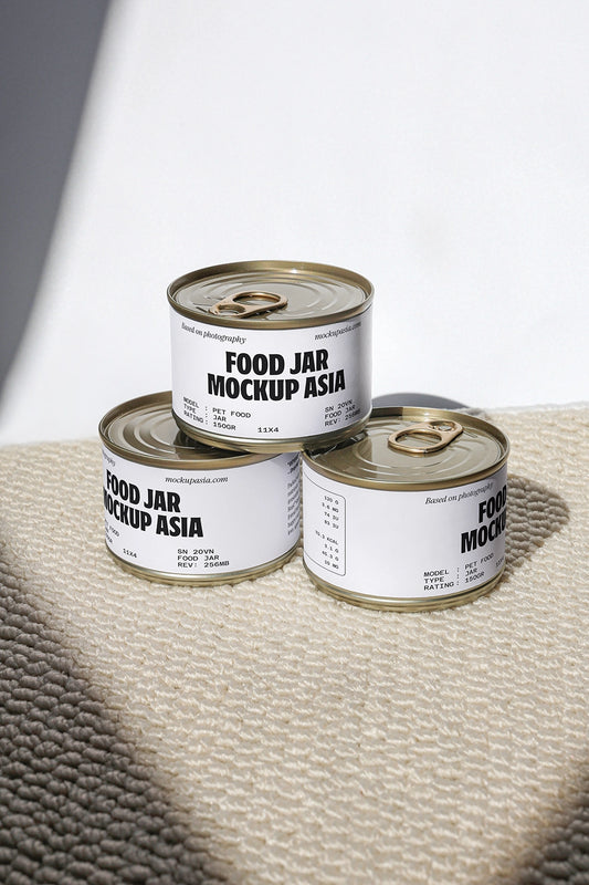 food tin can mockup stack with three cans and minimal neutral background