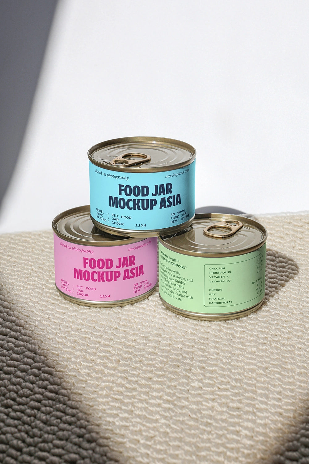 realistic canned food packaging mockup with stacked metal tins and soft lighting