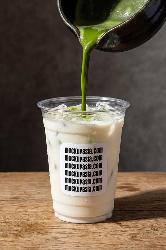 iced matcha latte pouring into milk in clear plastic cup, realistic beverage mockup scene