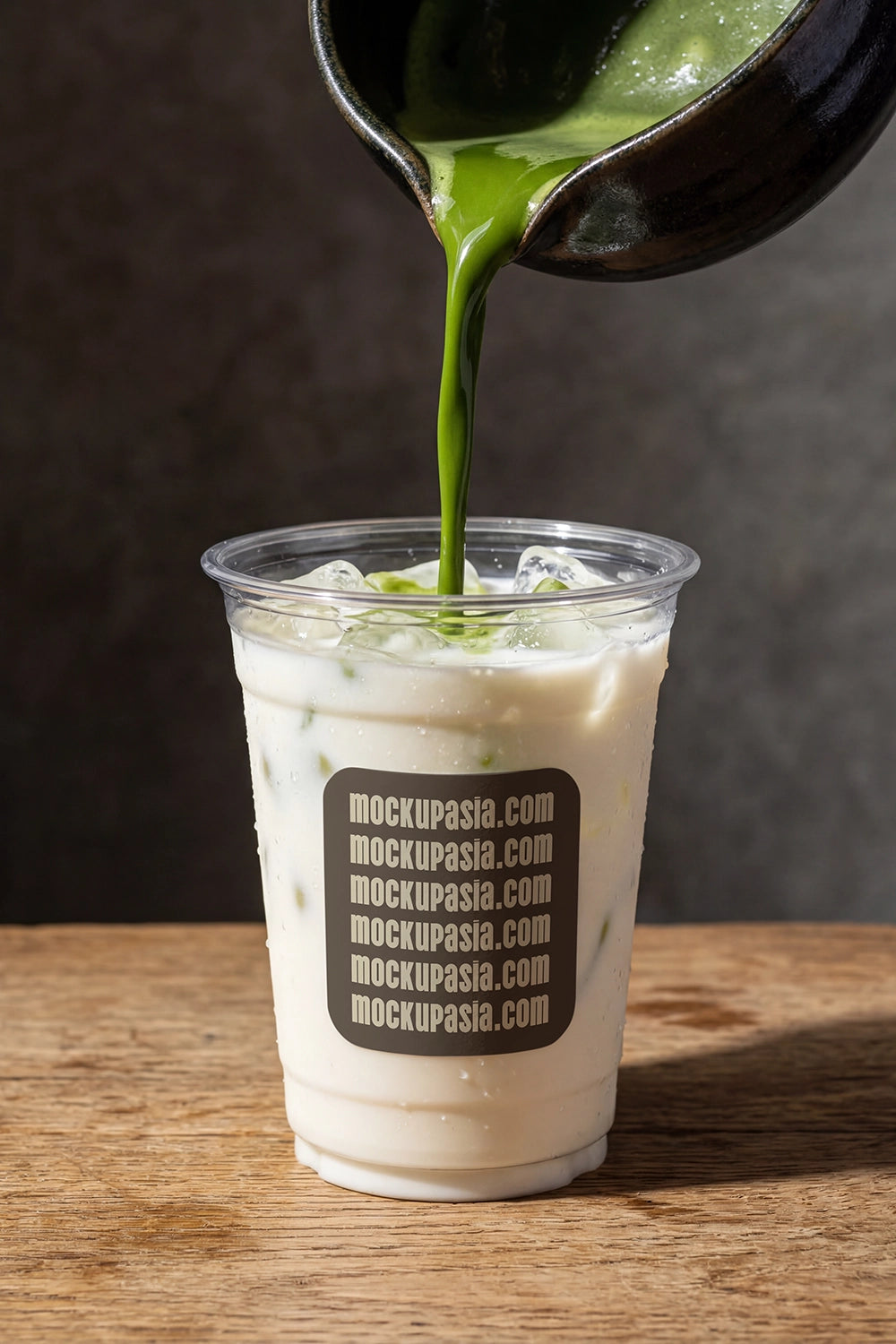matcha latte pouring mockup with milk and ice in plastic cup, lifestyle beverage scene