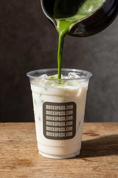 matcha latte pouring mockup with milk and ice in plastic cup, lifestyle beverage scene