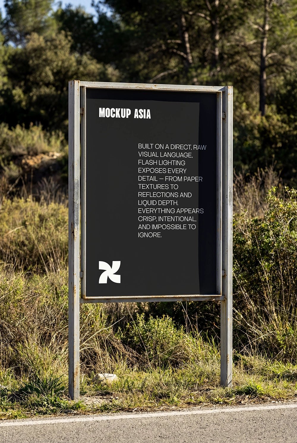 vertical poster mockup in metal frame placed roadside with realistic lighting