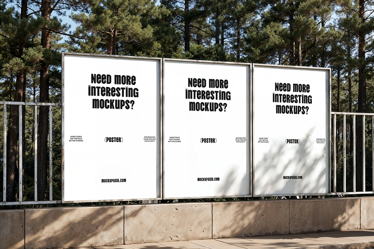 triple poster mockup outdoor with forest background and natural sunlight shadows