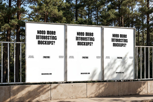 triple poster mockup outdoor with forest background and natural sunlight shadows