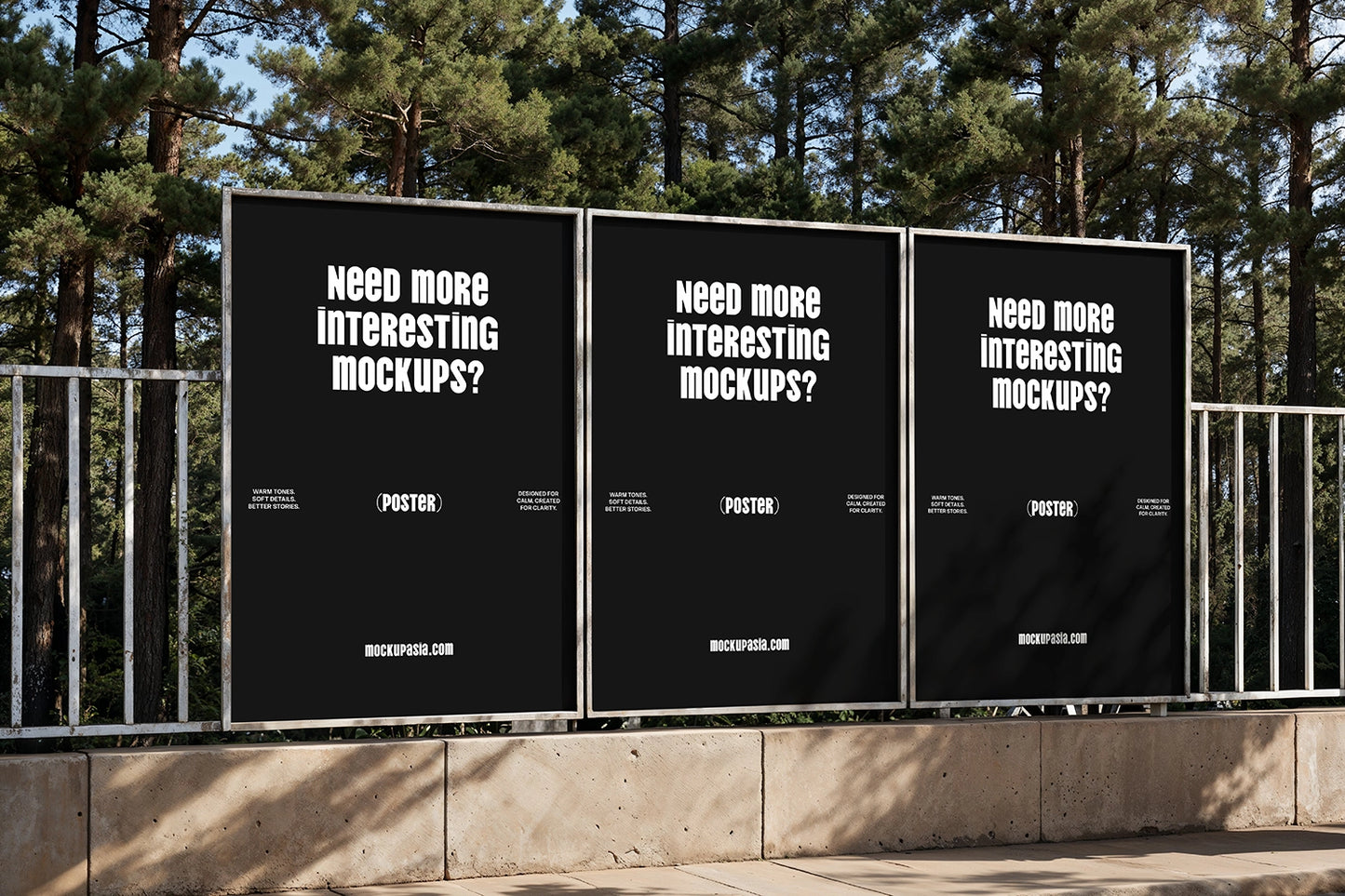 realistic three poster mockup on metal frame with trees and soft daylight environment