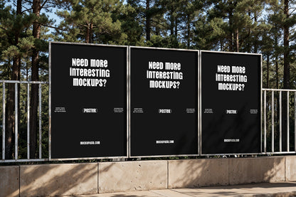 realistic three poster mockup on metal frame with trees and soft daylight environment