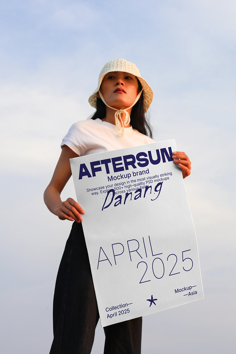 poster mockup held by model against sky background with natural sunlight and realistic shadow