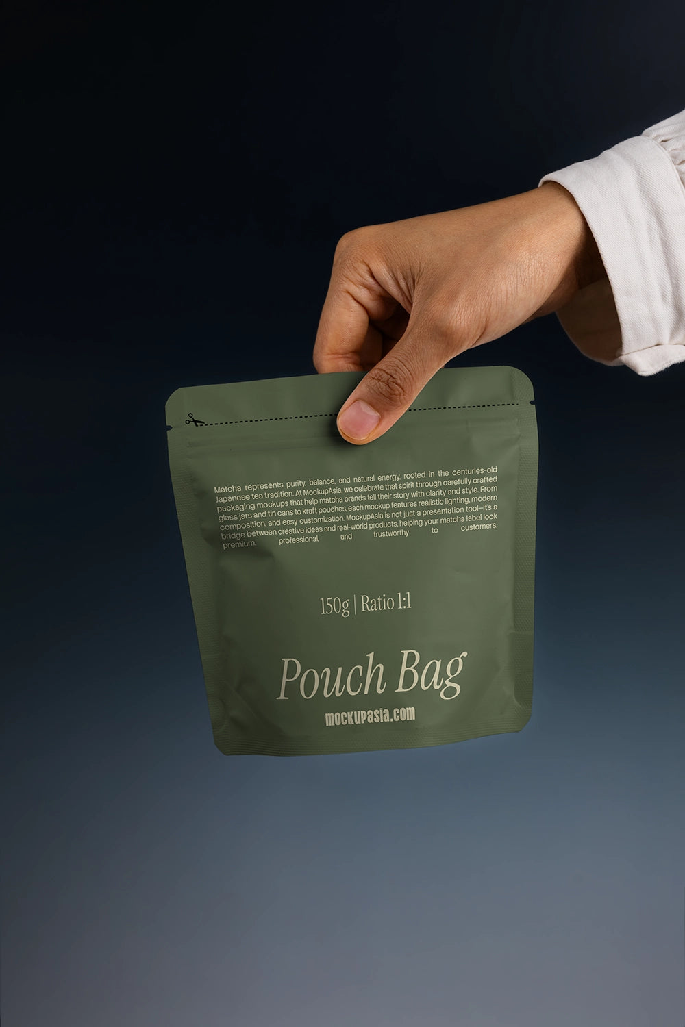 pouch packaging mockup with zip lock held by hand, realistic product interaction scene